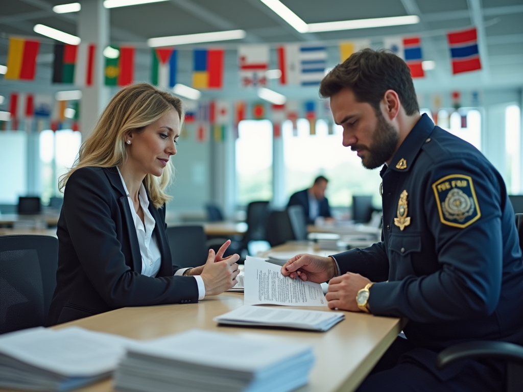 Photo-realistic setting of a customs office interaction. A customs officer in uniform assists a businessperson (a middle-aged woman in business attire) with paperwork. An array of flags from various countries decorates the office with piles of documents highlighting customs regulations, creating a busy yet organized feel to the scene under bright fluorescent lighting.